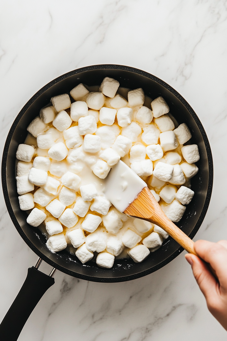 This image shows the melted marshmallow and butter mixture being poured over the cooled popcorn, ready to be stirred and coated evenly.