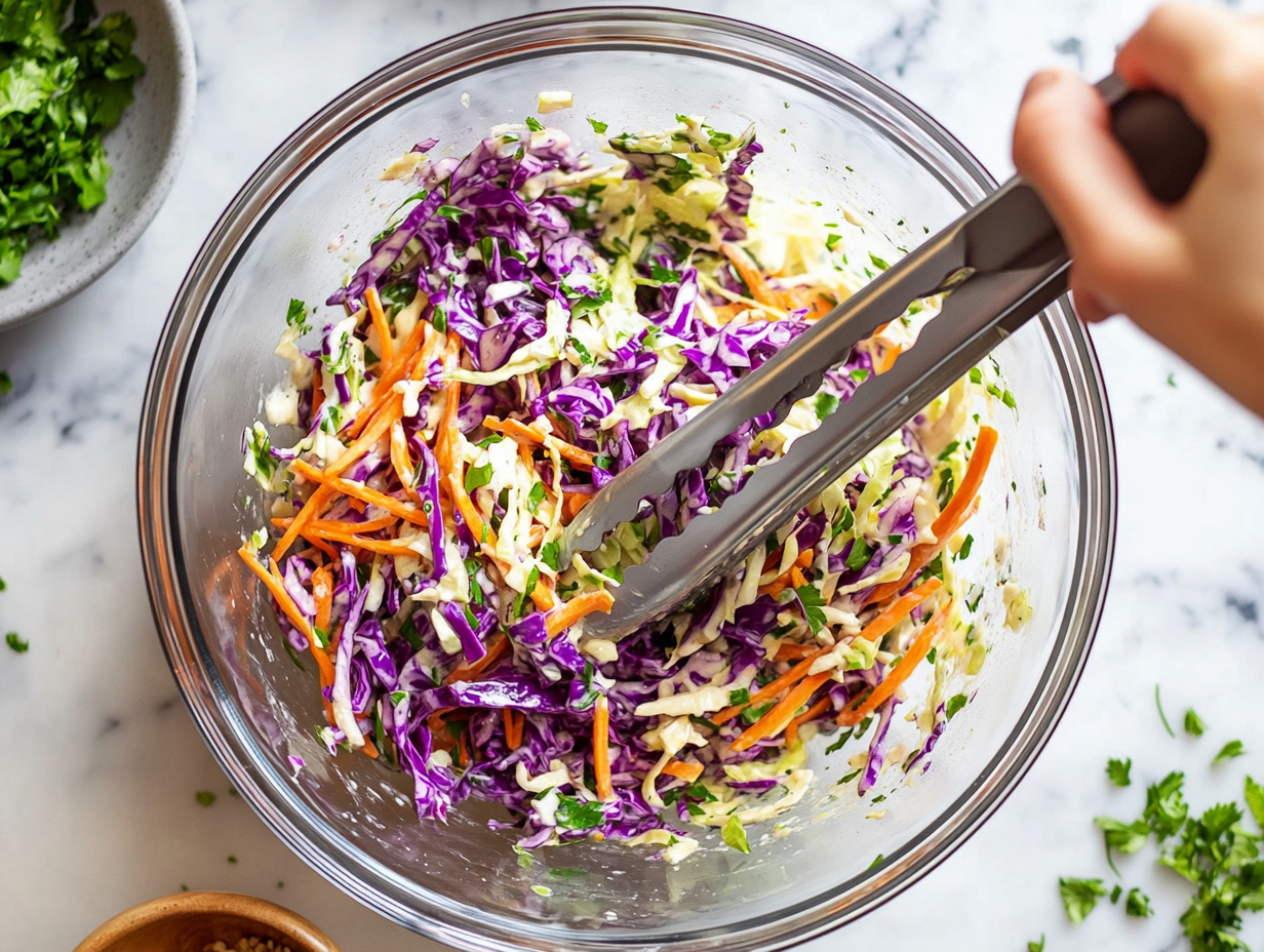 This image shows a colorful bowl of Mexican street slaw made with shredded cabbage, charred corn, jalapeños, and a tangy lime dressing. The slaw is garnished with fresh cilantro and crumbled feta cheese, perfect for serving as a fresh and zesty side dish.