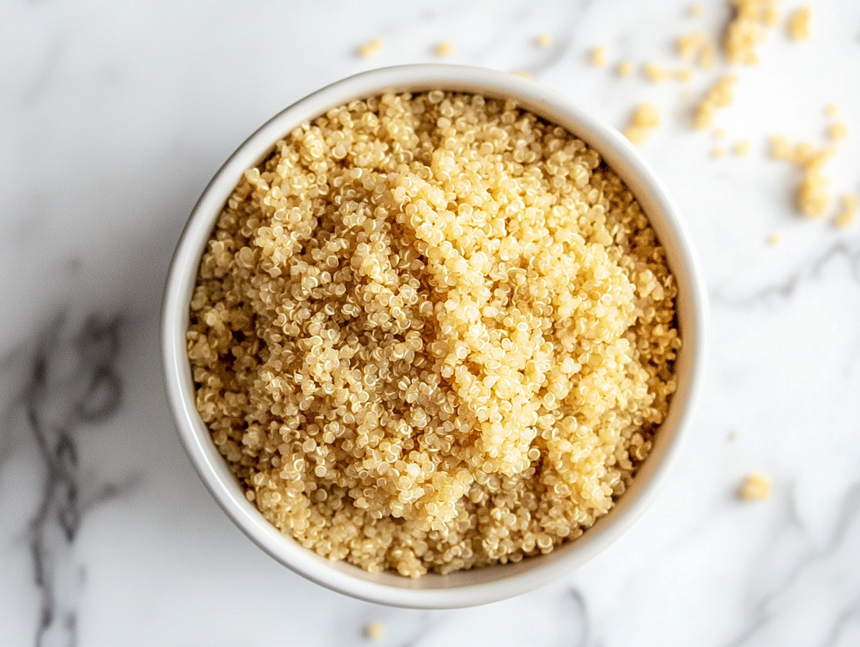 This image shows a bowl of perfectly cooked quinoa prepared in the microwave. The grains are fluffy and tender, making them ideal for a quick meal or side dish.