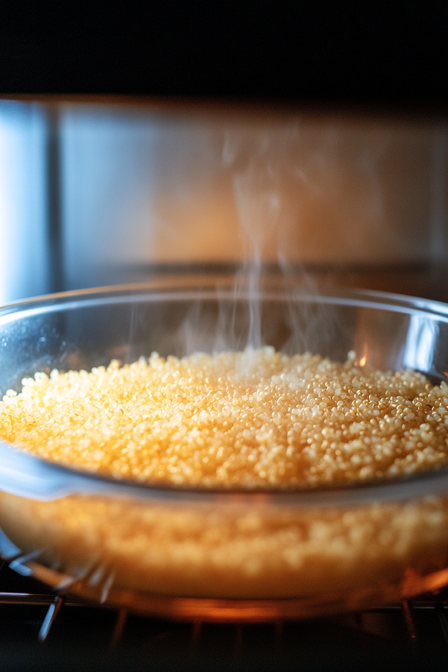 This image shows a large bowl of quinoa covered with a microwave safe plate while microwaving. The quinoa is cooking evenly, with steam beginning to rise inside the microwave.