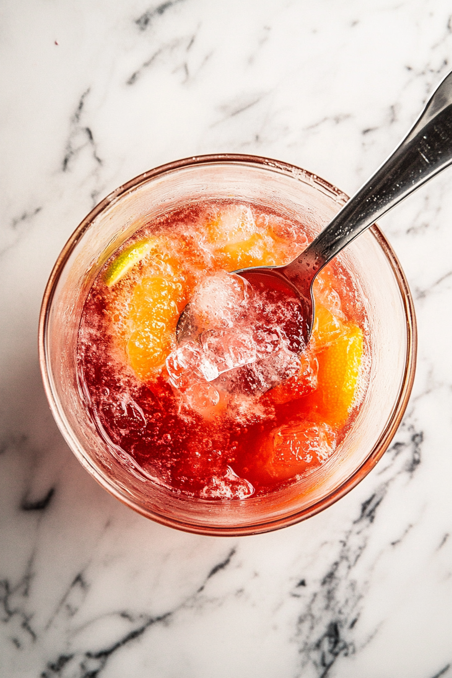 This image shows bourbon whiskey, agave syrup, orange juice, cranberry juice, and fresh lime juice being combined in a pitcher. The mixture is being stirred thoroughly to blend the flavors.