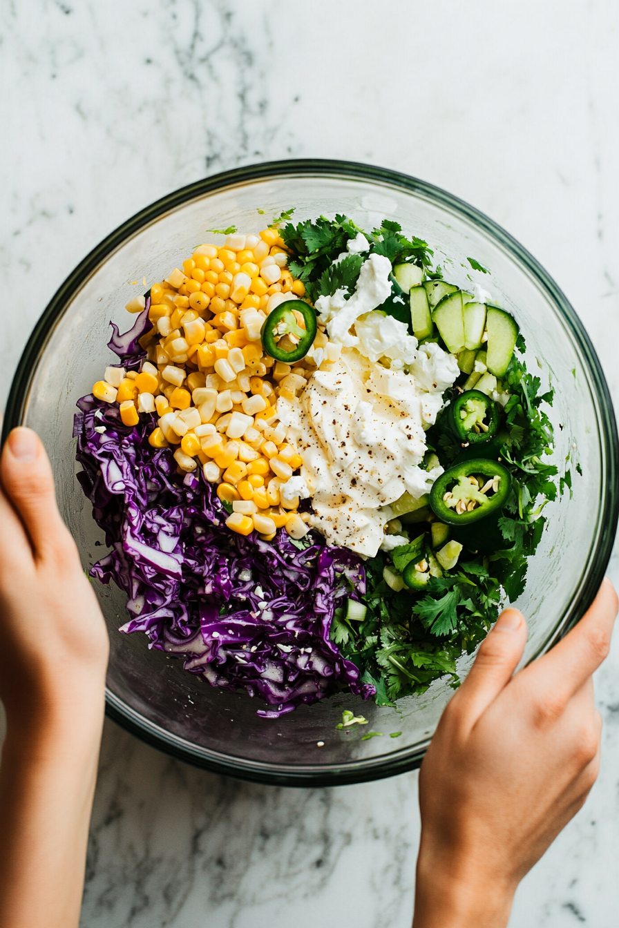 This image shows a large bowl with shredded cabbage, charred corn, jalapeños, and green bell peppers being mixed together. The slaw is colorful and ready to be coated with the zesty lime dressing, combining fresh ingredients with bold flavors.