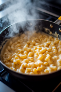 This image depicts cooked elbow macaroni being combined with a creamy cheese sauce in a bowl. The pasta is being stirred to ensure it is evenly coated with the cheesy sauce.