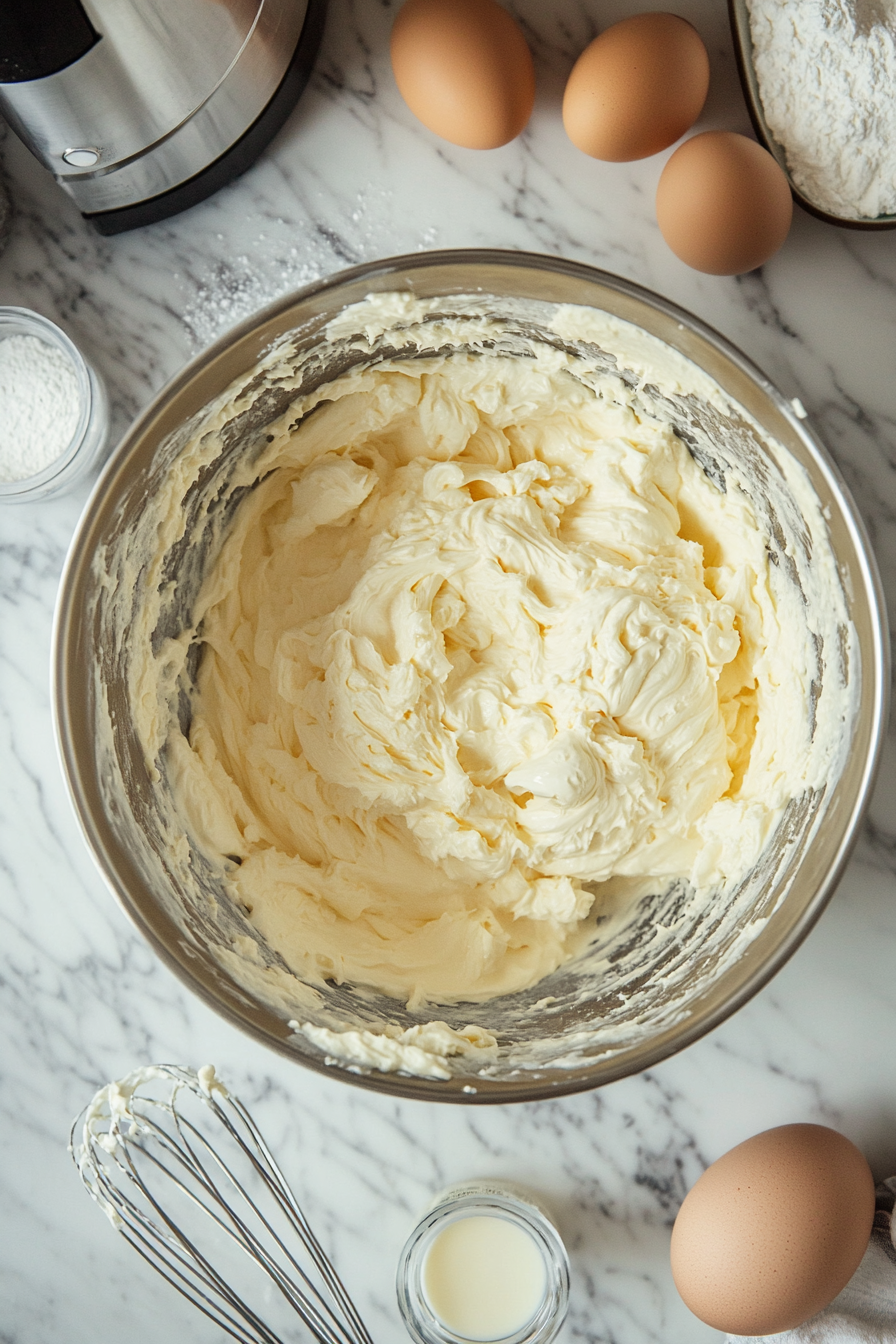 This image shows cream cheese and sugar being beaten together until smooth, followed by the gradual addition of milk, eggs, sour cream, flour, and vanilla to create the rich cheesecake filling.