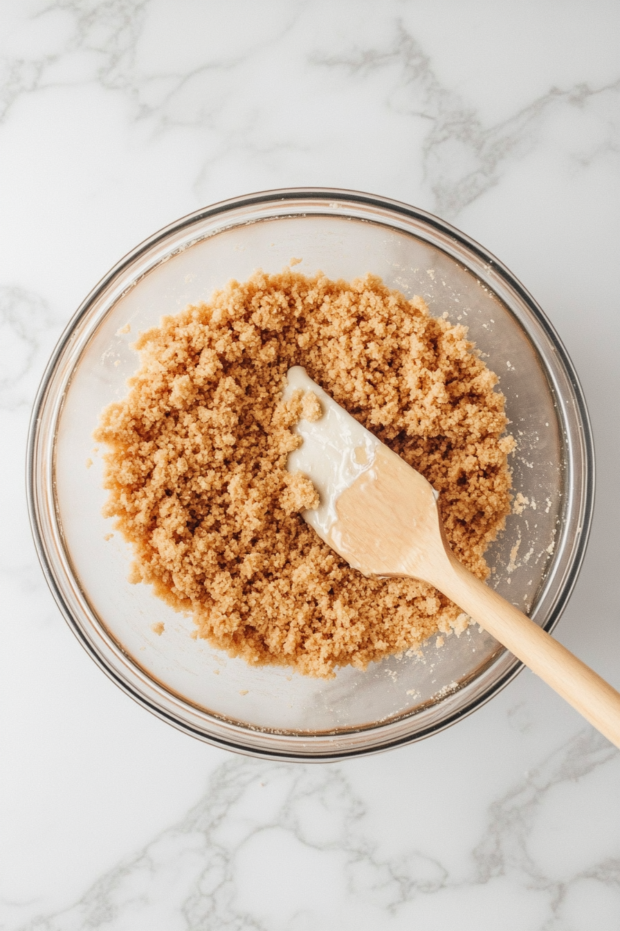 This image shows crushed graham crackers being mixed with melted butter in a large mixing bowl, creating the buttery crust base for the huckleberry cheesecake.