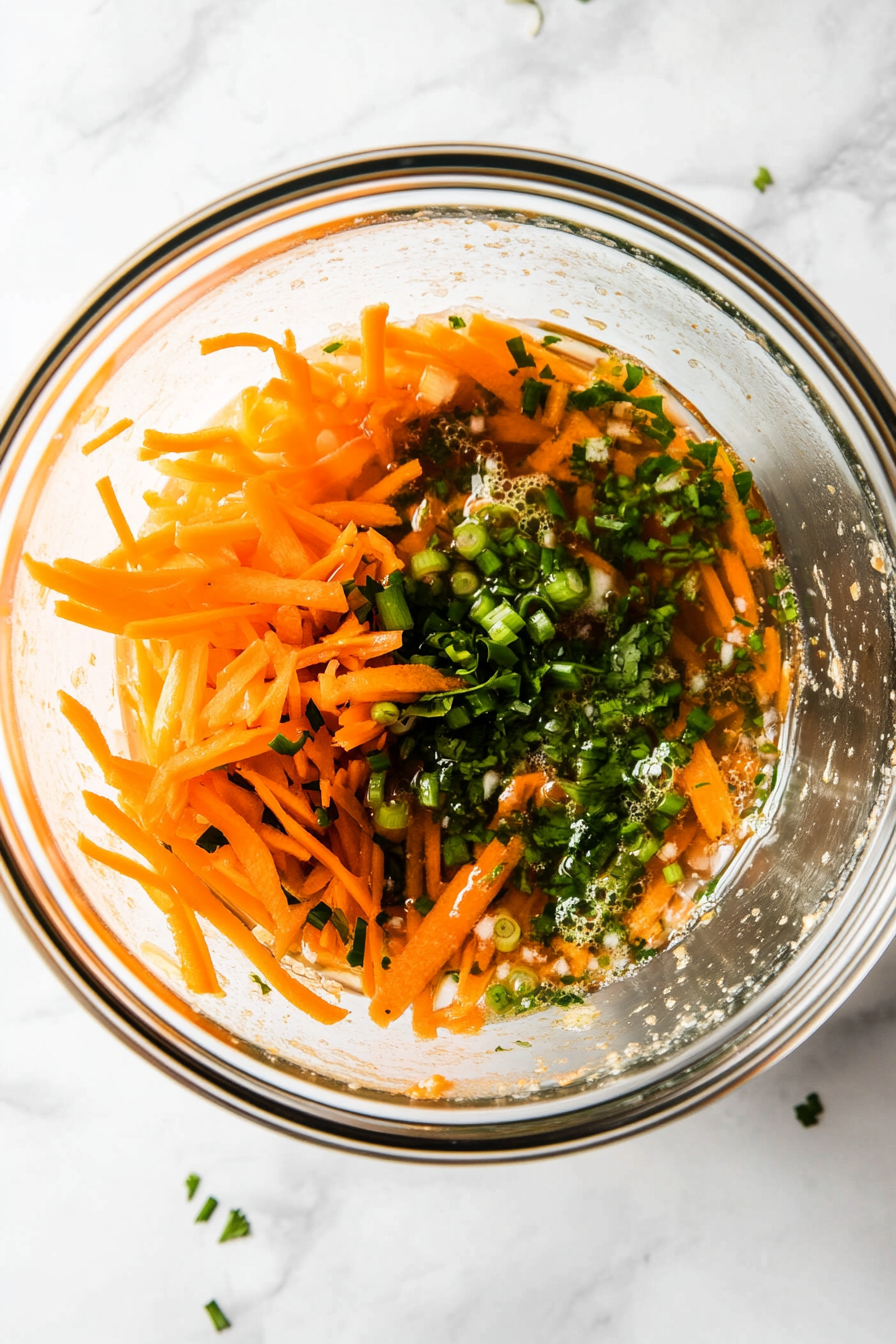 This image shows all the ingredients being combined in a mixing bowl, including fish sauce, lime juice, garlic, sugar, and julienne carrot strips, to create a balanced and flavorful Vietnamese dipping sauce.