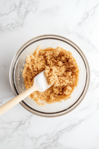 This image shows graham cracker crumbs being combined with sugar and melted butter in a bowl, ready to be pressed into the bottom of a springform pan to form the cheesecake crust.