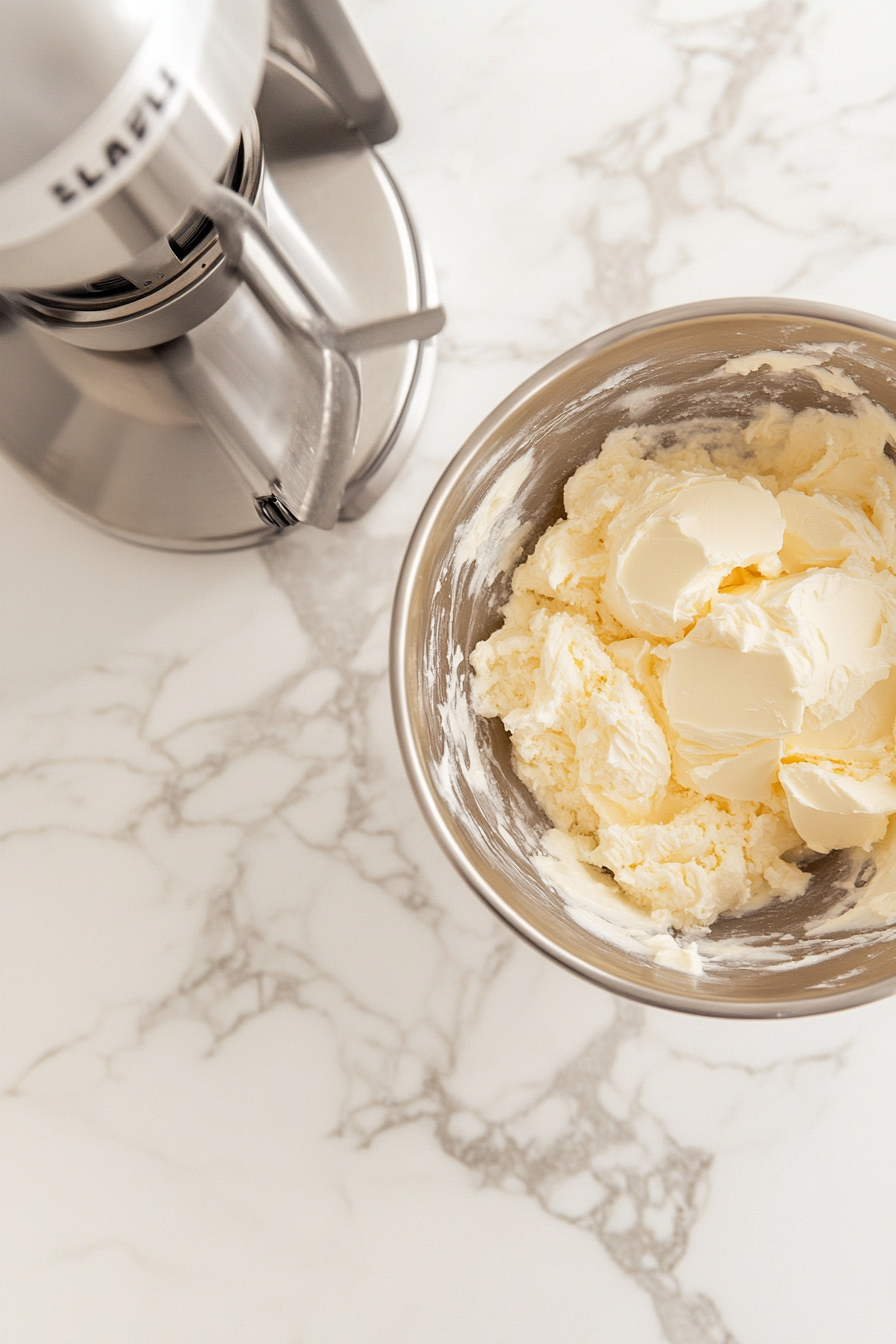 This image shows the process of creating the cake batter in a stand mixer. A blend of softened butter, packed dark brown sugar, eggs, and vanilla extract is being creamed until light and fluffy, while the bowl of dry ingredients sits nearby, ready to be incorporated. The mixer paddle shows the smooth, buttery texture forming, which is the base for a rich butterscotch cake.