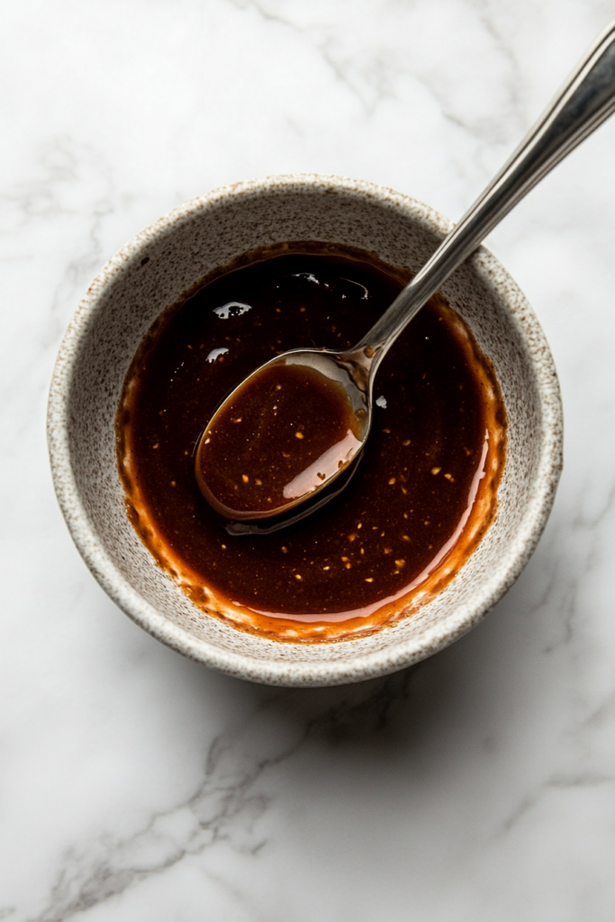 A small bowl with ketchup, brown sugar, and Worcestershire sauce being stirred together to create a sweet and tangy glaze for the top of the slow cooker meatloaf.