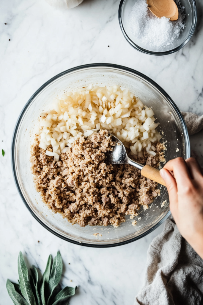 A bowl filled with sausage meat, finely chopped onions, breadcrumbs, dried sage, salt, and pepper being mixed together to create the filling for the sausage rolls recipe.