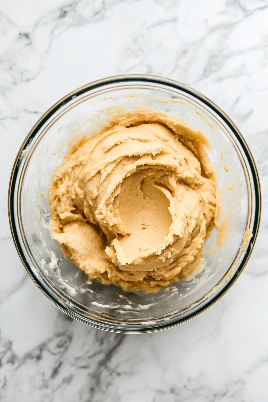 This image shows the thick tofu mixture in a glass bowl being combined with vital wheat gluten, gradually forming a firm and stretchy dough for shaping the vegan hot dogs.