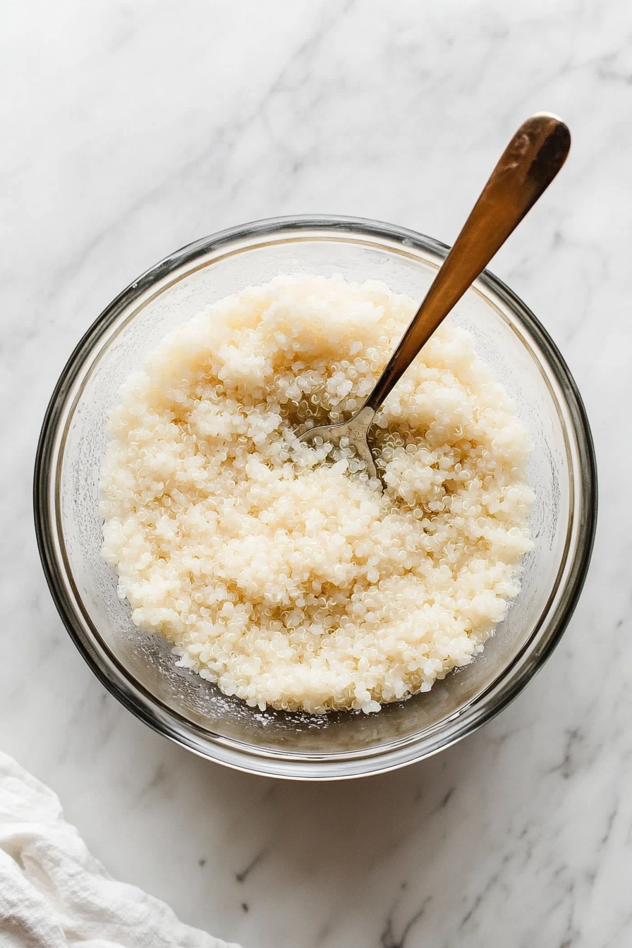 This image shows rinsed quinoa being mixed with water, salt, and oil in a large microwave safe bowl. The ingredients are fully combined and ready to be microwaved.