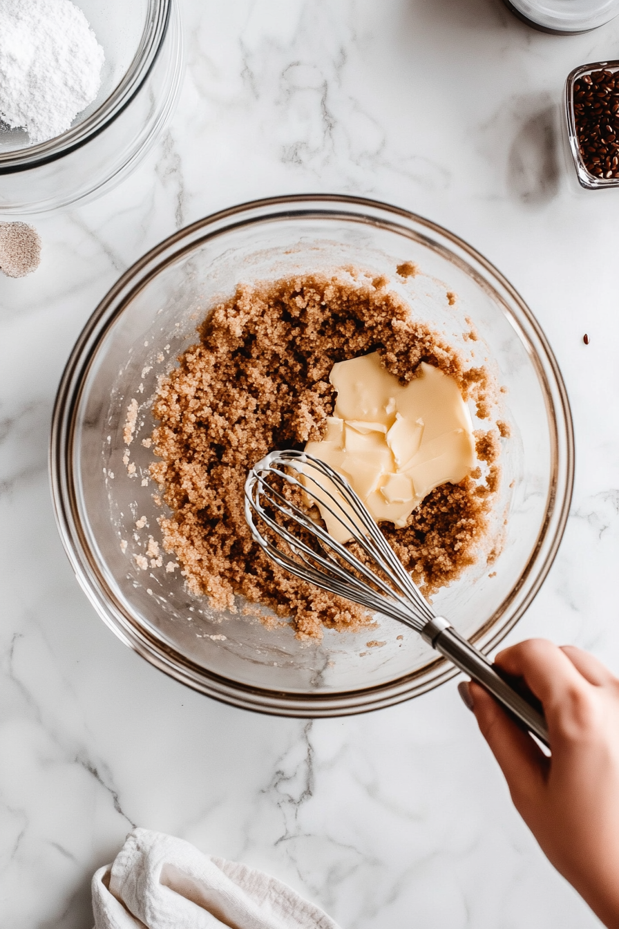 This image shows a whisk stirring together softened butter, brown sugar, castor sugar, and a dash of vanilla essence in a bowl to create the wet mixture for the protein oats cookies.