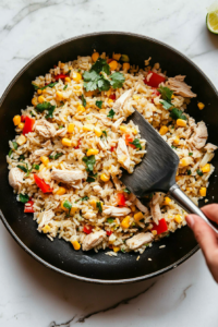 This image shows the addition of cooked diced chicken, fresh lime juice, chopped cilantro, and yellow corn being stirred into the rice mixture in the skillet, creating a colorful and hearty Southwest Chicken Bowl.