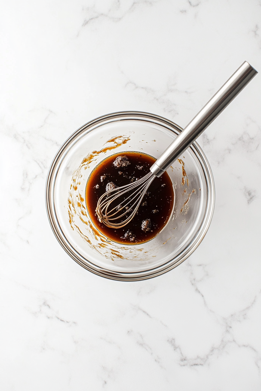 This image shows a bowl filled with hoisin sauce, soy sauce, honey, rice vinegar, garlic powder, and brown sugar being stirred together to create a rich and flavorful sauce for the crockpot meatballs.