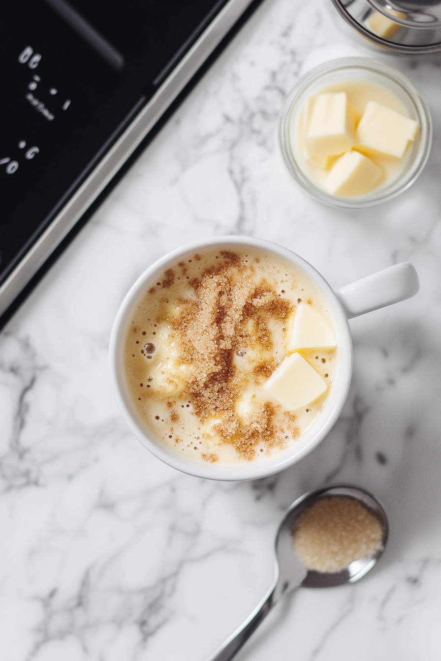 This image shows a small bowl containing milk, butter, brown sugar, and vanilla being whisked together to prepare the sweet glaze that will top the banana mug cake.