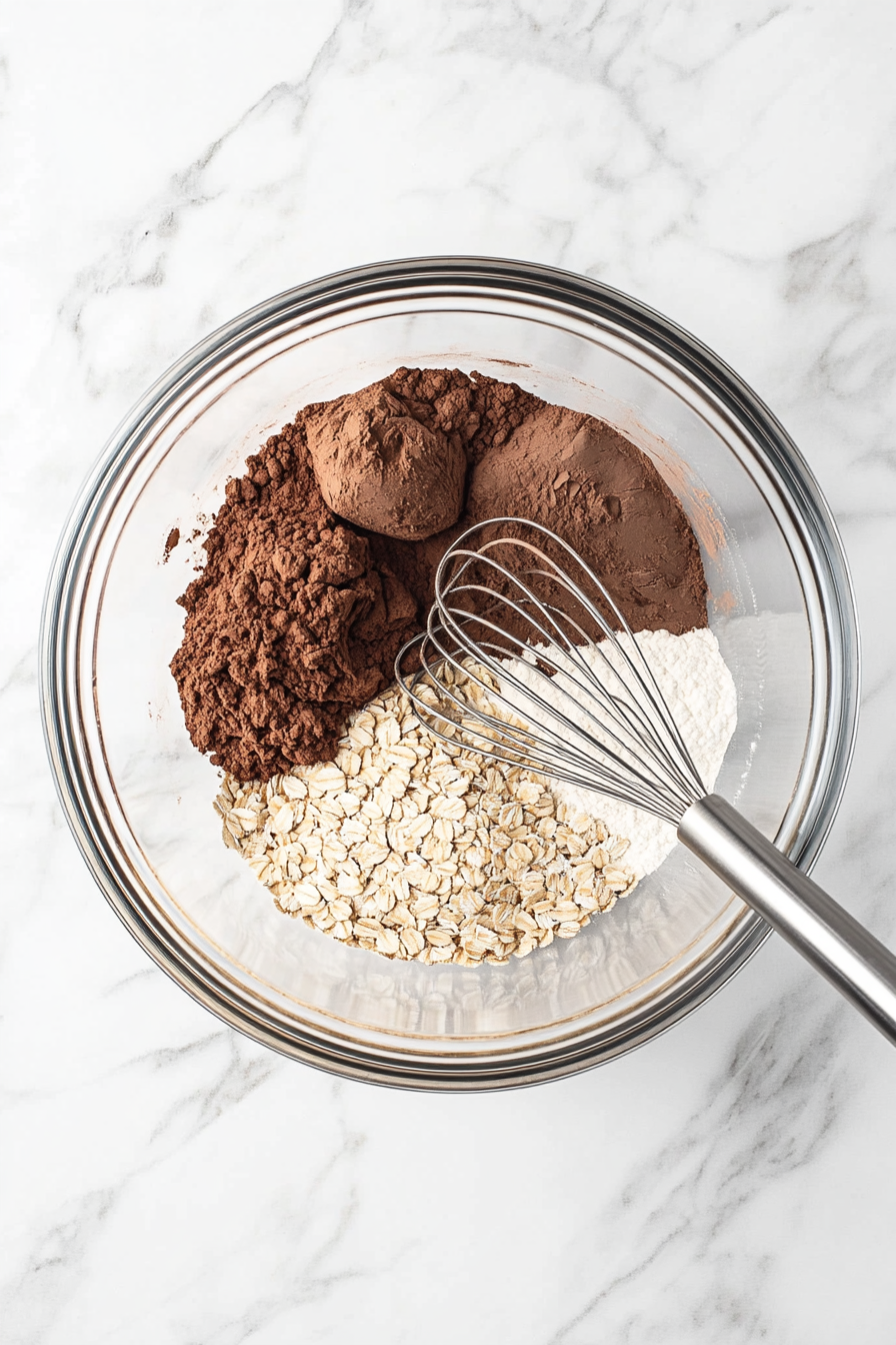 This image shows a large mixing bowl where oats, whole wheat flour, whey protein powder, cocoa powder, and other dry ingredients are combined, forming the base for protein oats cookies.