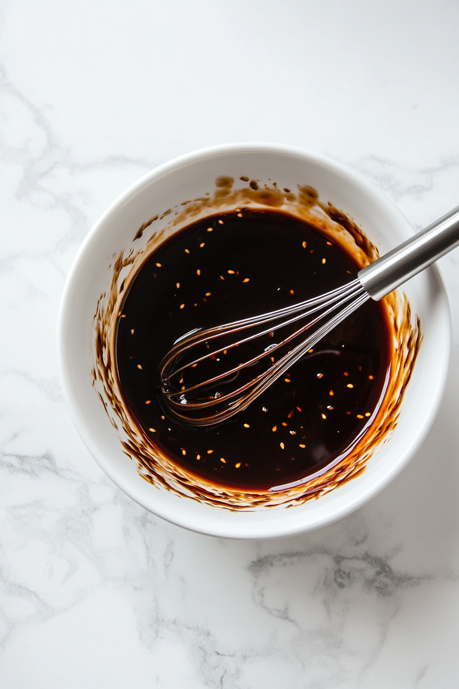 This image shows a small bowl where soy sauce, mirin, and sugar are being mixed together to create a flavorful homemade teriyaki sauce for the noodles.