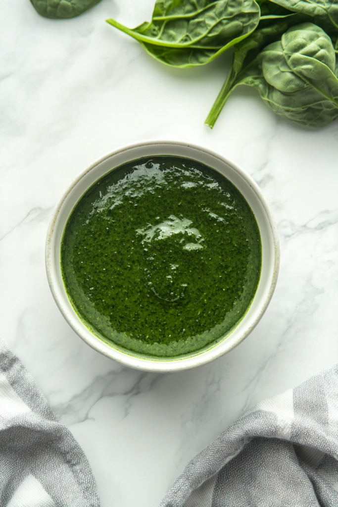 This image shows the creamy Palak Sauce served in a bowl, with a ladle resting inside, ready to be scooped and enjoyed. The vibrant green color of the sauce contrasts beautifully with the garnished herbs, making it a visually appealing dish for any table setting.