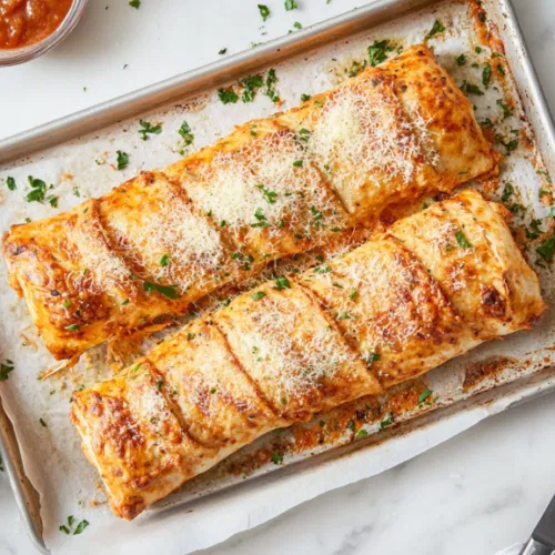 A baked stromboli resting on a baking sheet, golden brown with Parmesan cheese and Italian seasoning sprinkled on top. A knife is nearby, ready for slicing the stromboli into pieces, with extra pizza sauce and chopped parsley for garnish.