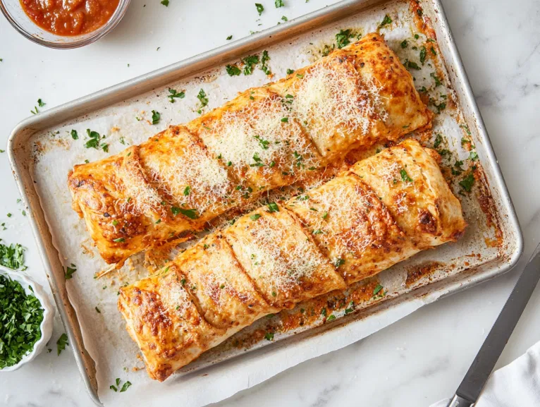 A baked stromboli resting on a baking sheet, golden brown with Parmesan cheese and Italian seasoning sprinkled on top. A knife is nearby, ready for slicing the stromboli into pieces, with extra pizza sauce and chopped parsley for garnish.