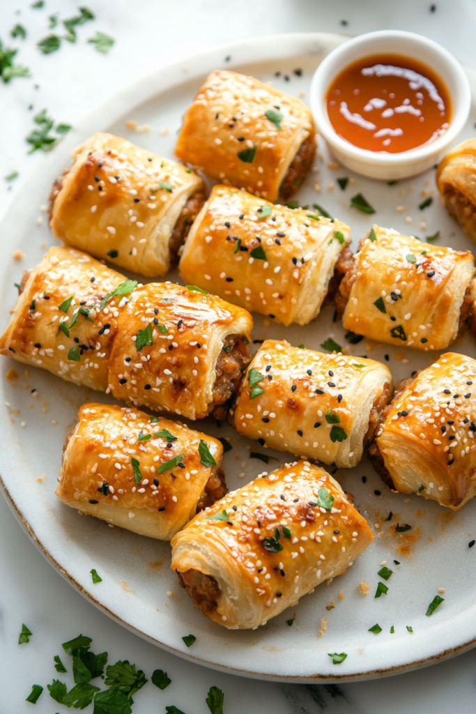 A platter of golden and crispy sausage rolls served with dipping sauce, highlighting their flaky pastry and savory filling, perfect for gatherings or snacks.