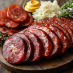 A close-up view of smoky, juicy kielbasa slices with a charred exterior, served alongside mustard and sauerkraut, capturing the essence of this delicious smoked kielbasa recipe.