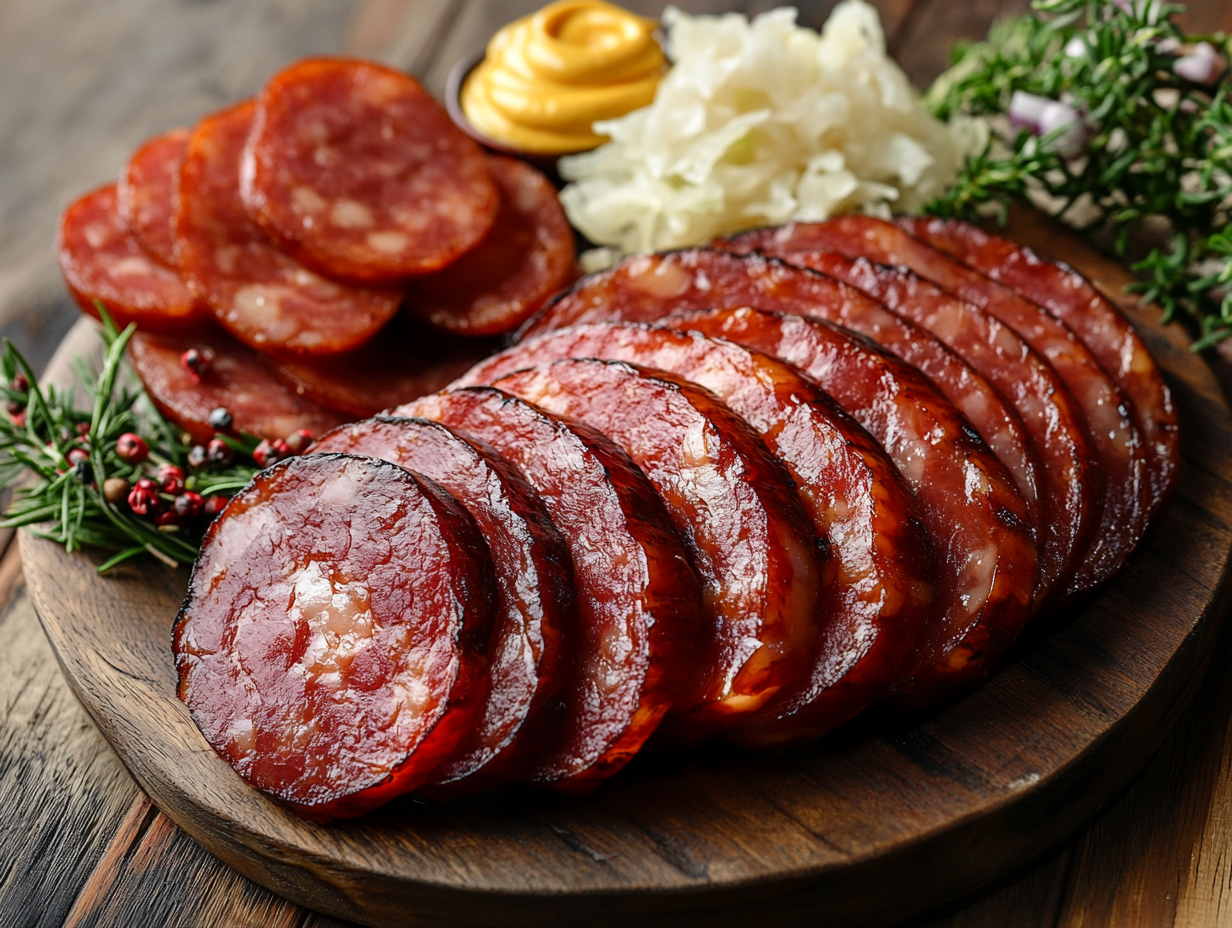 A close-up view of smoky, juicy kielbasa slices with a charred exterior, served alongside mustard and sauerkraut, capturing the essence of this delicious smoked kielbasa recipe.