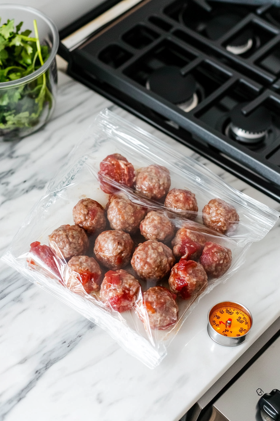 This image shows frozen or homemade meatballs being carefully placed into a crockpot, ready to be cooked with the flavorful Asian sauce for a delicious appetizer.