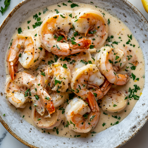 This image shows a plate of creamy garlic prawns with a rich, smooth sauce, garnished with parsley and lemon wedges, served over a bed of pasta or rice with additional sides.