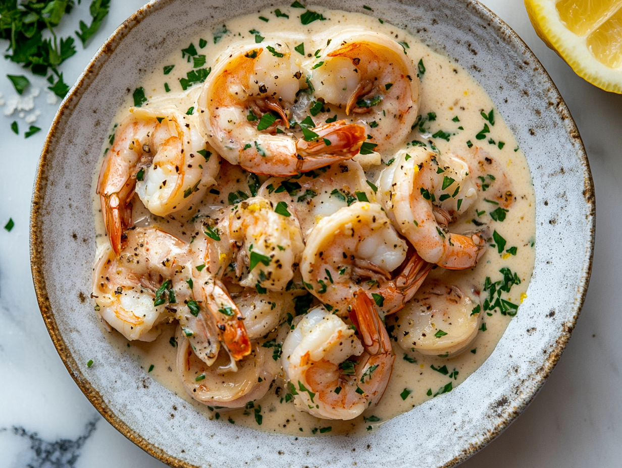 This image shows a plate of creamy garlic prawns with a rich, smooth sauce, garnished with parsley and lemon wedges, served over a bed of pasta or rice with additional sides.