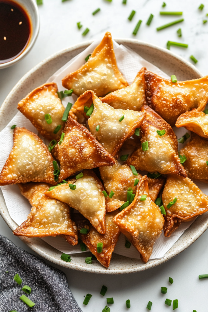 Crispy cream cheese wontons garnished with chopped chives and served with a side of dipping sauce, perfect for enjoying as a delicious appetizer.