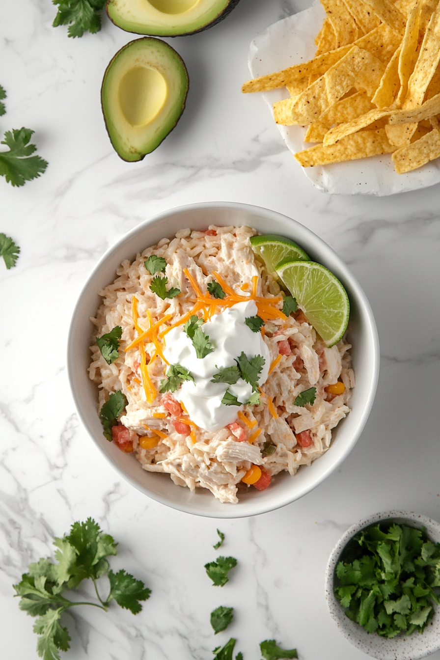 This image shows a beautifully plated Southwest Chicken Bowl filled with the flavorful rice mixture, topped with melted Mexican cheese blend, garnished with fresh cilantro, lime wedges, tortilla strips, sour cream, and slices of avocado, ready to be enjoyed.