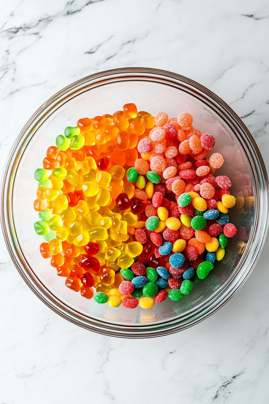 This image shows a hand pouring a variety of colorful gummy candies, including peach rings, gummy bears, and gummy worms, into a large salad bowl. The candies are vibrant and sugary, creating a fun and lively look as they are added to the bowl, ready to be mixed for the candy salad.