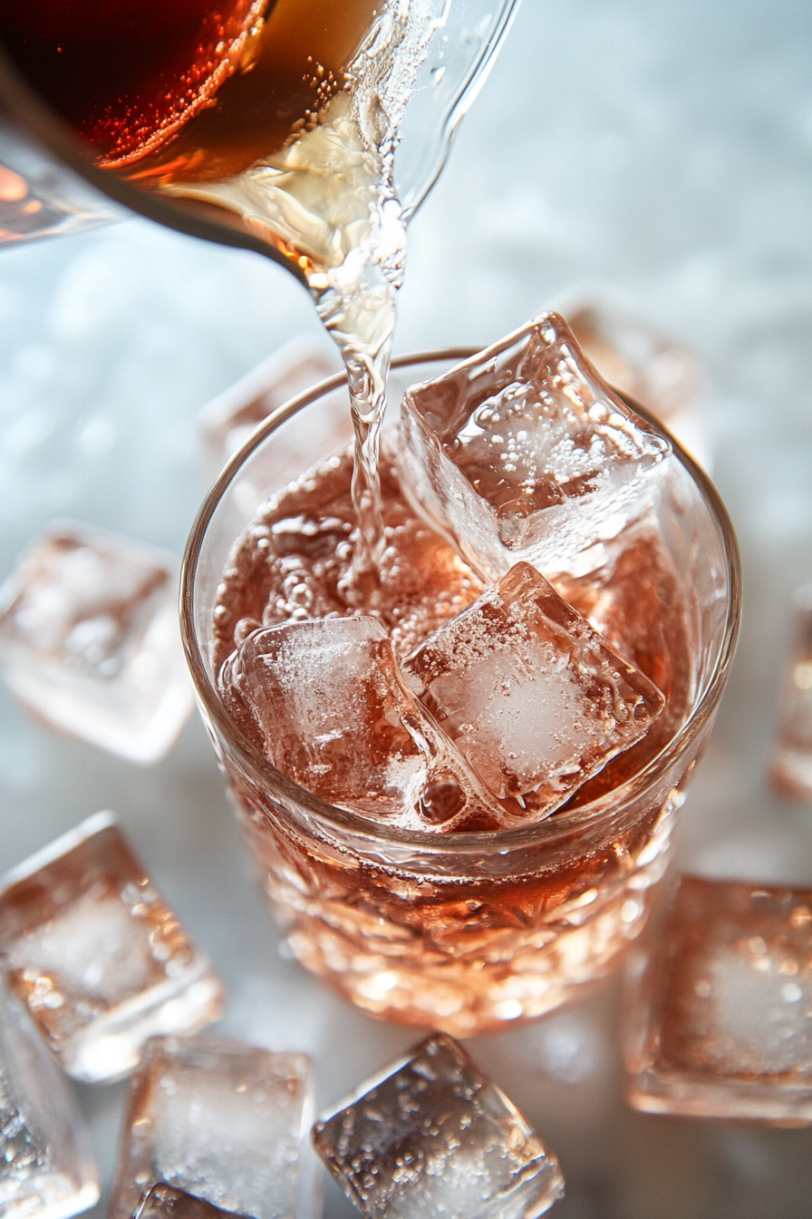 This image shows the cranberry orange whiskey sour being poured over ice in a glass. Fresh cranberries are added, and a rosemary sprig is used to garnish the drink, enhancing its presentation and aroma.