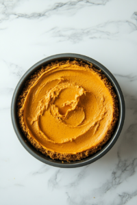 This image shows the smooth sweet potato cheesecake filling being poured over the pre-baked graham cracker crust in a springform pan, ready for baking.