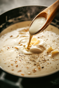 This image shows heavy cream being poured into the skillet with garlic and butter, blending to create a smooth, creamy sauce that will thicken as it simmers.