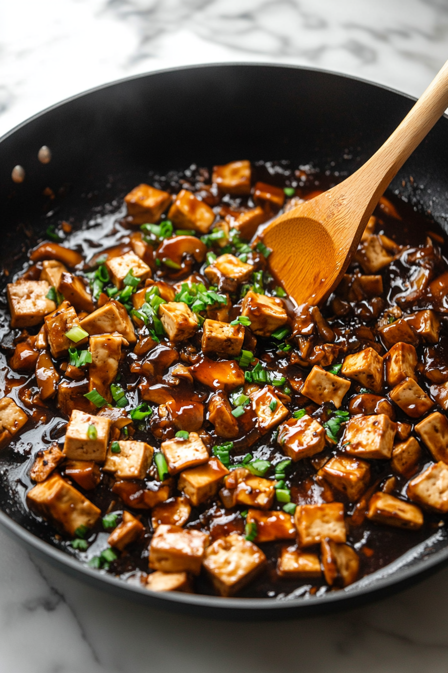 This image shows the hoisin-soy sauce mixture being poured over the tofu and mushrooms in the skillet, coating the filling with a rich and savory flavor.