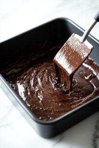 This image shows the thick and smooth Nutella brownie batter being poured evenly into the lined baking pan, ready to be baked.