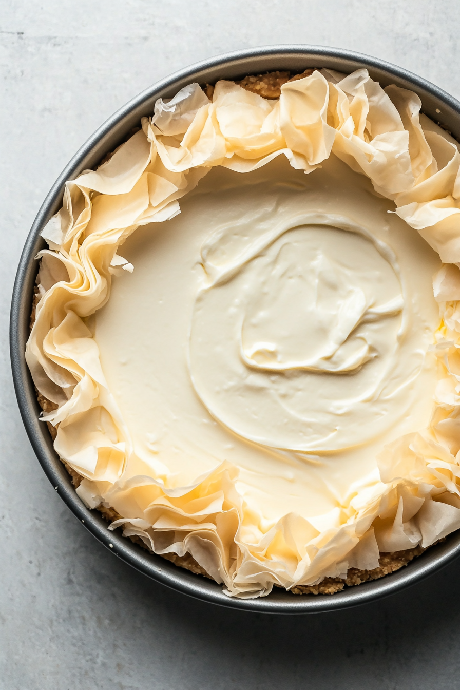 This image shows creamy cheesecake filling being poured into the phyllo dough crust, which has been layered with nuts, ready for baking into the baklava cheesecake.