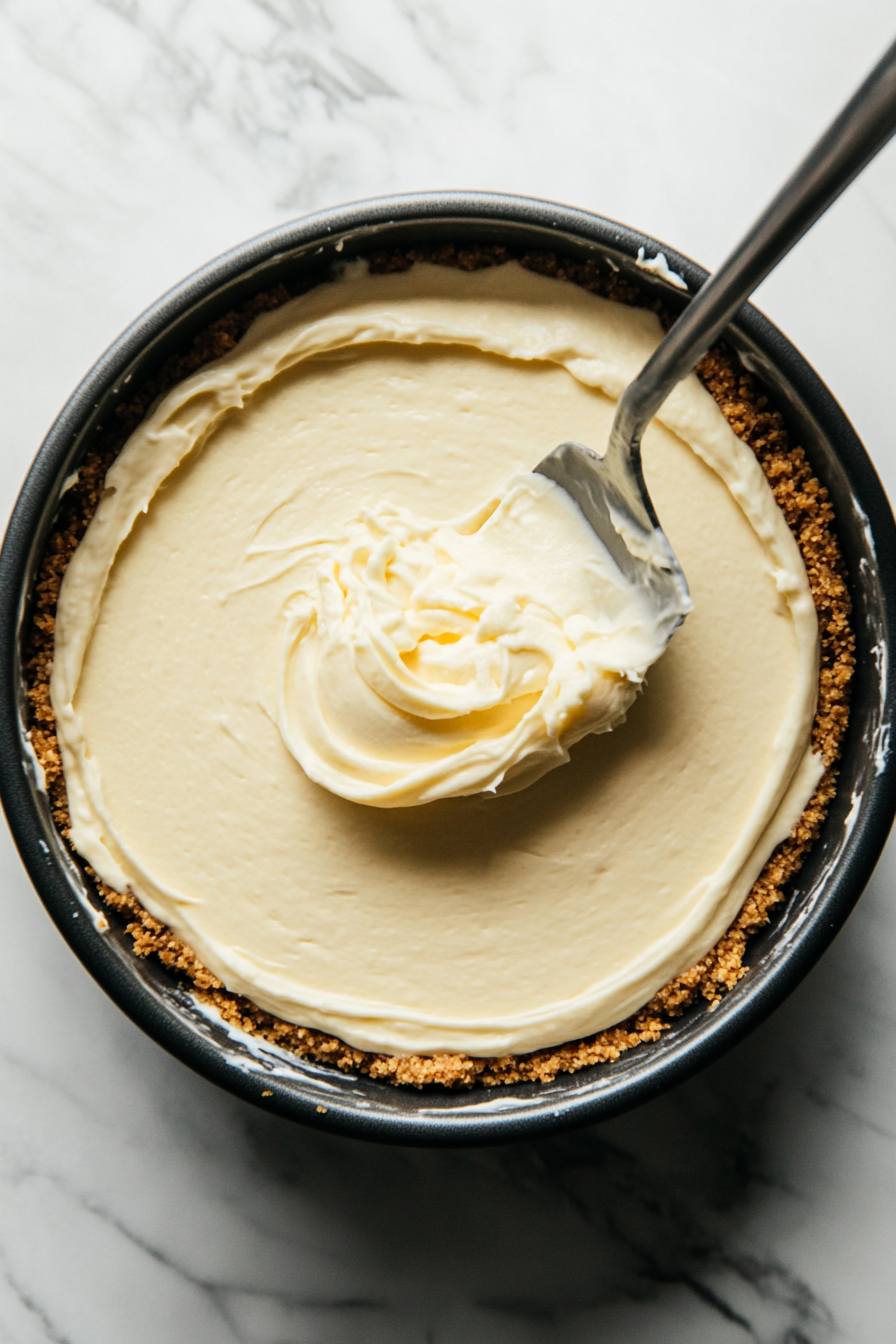 This image shows smooth and creamy cheesecake filling being poured over the prepared graham cracker crust in a springform pan, evenly distributing it for a perfectly baked cheesecake.