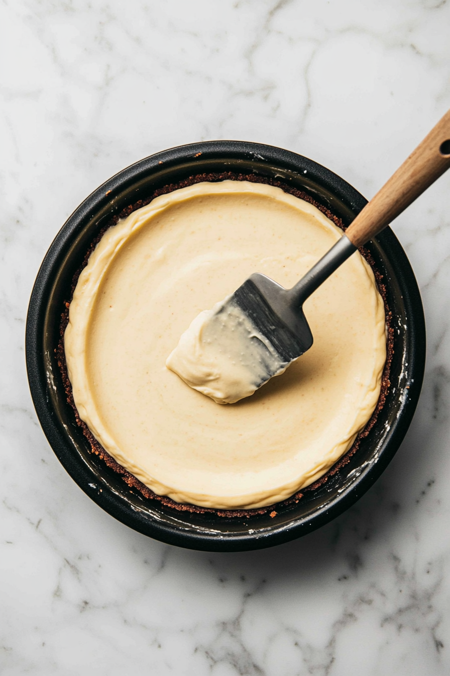 This image shows the creamy vegan cheesecake mixture being poured into a pre-made graham cracker crust, ready for baking in the pie pan.