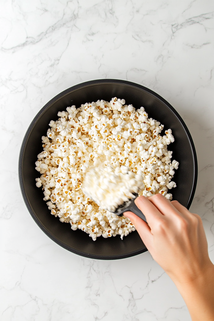 This image shows hands lightly sprayed with cooking spray shaping the marshmallow-coated popcorn into round popcorn balls.