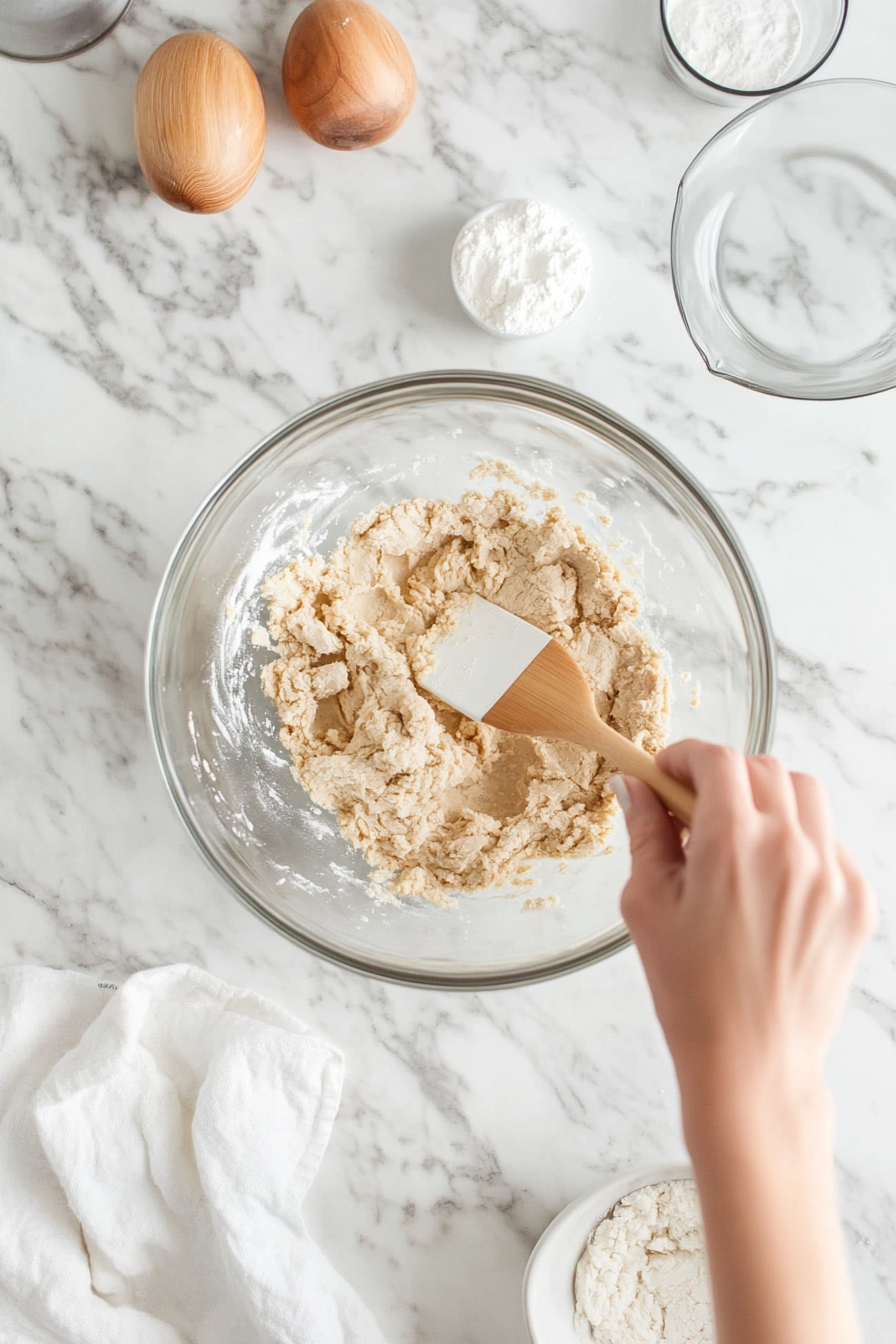 This image shows the wet mixture being poured into the bowl with the dry ingredients, as the two mixtures are combined to form a thick cookie dough for the protein oats cookies.