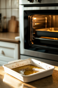 This image shows the oven being preheated to 375°F and a baking dish being greased with olive oil, preparing the dish for the garlic butter baked chicken recipe.