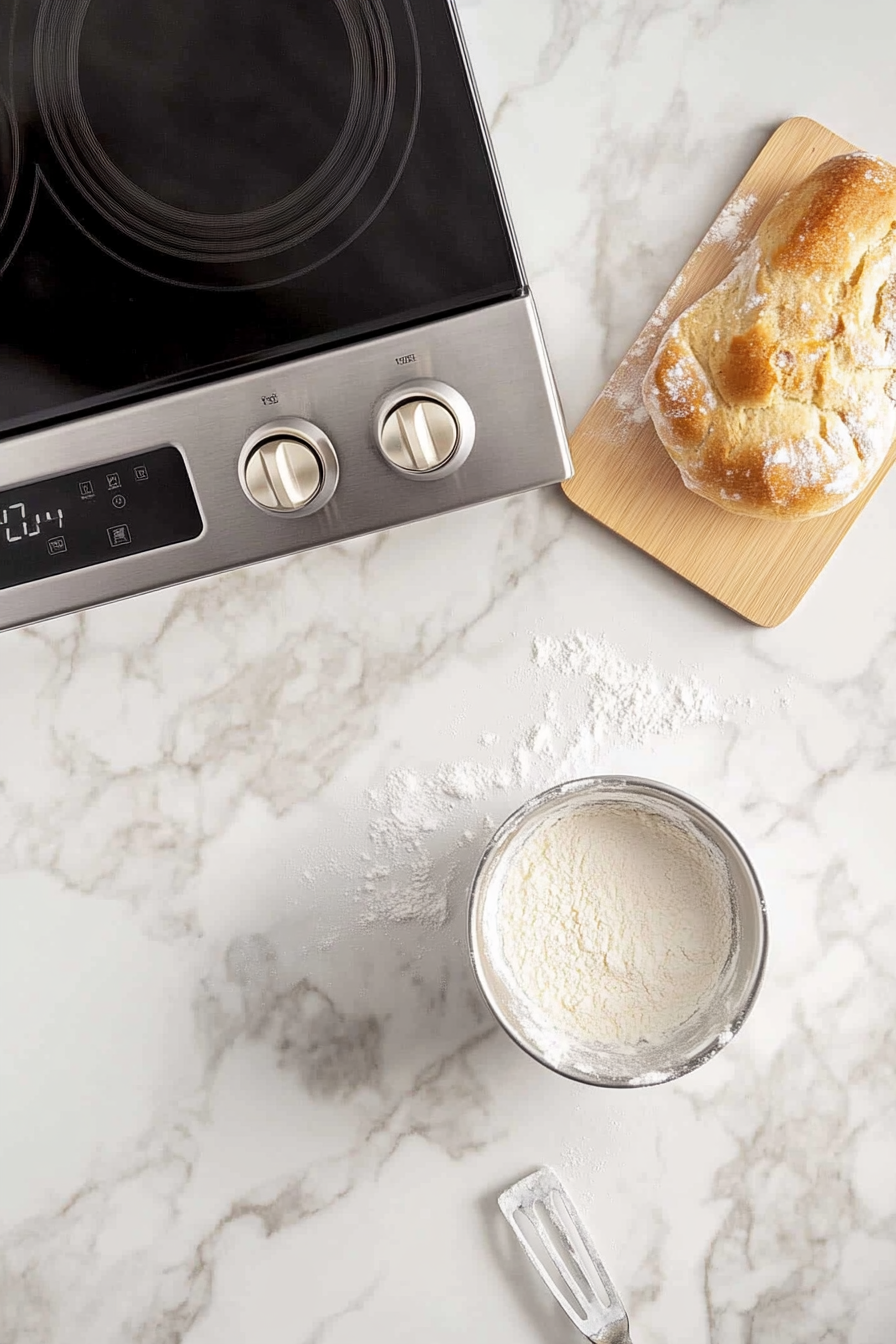 This image shows the oven being preheated to 325°F while a 10-inch tube pan is being greased and lightly floured, ready for the pound cake batter.