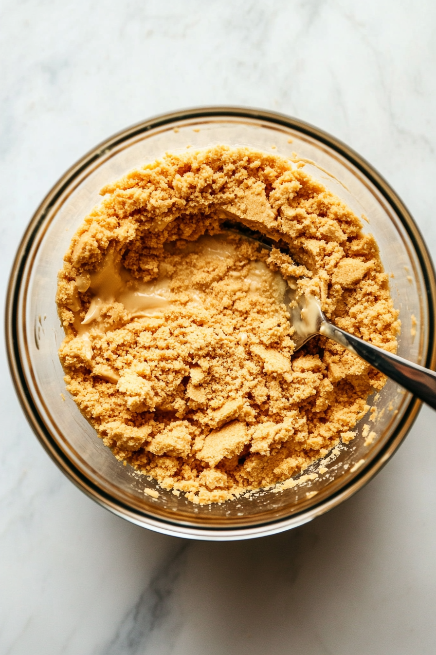 This image shows graham cracker crumbs mixed with melted butter being firmly pressed into the bottom of a greased 9-inch springform pan to create the cheesecake crust.