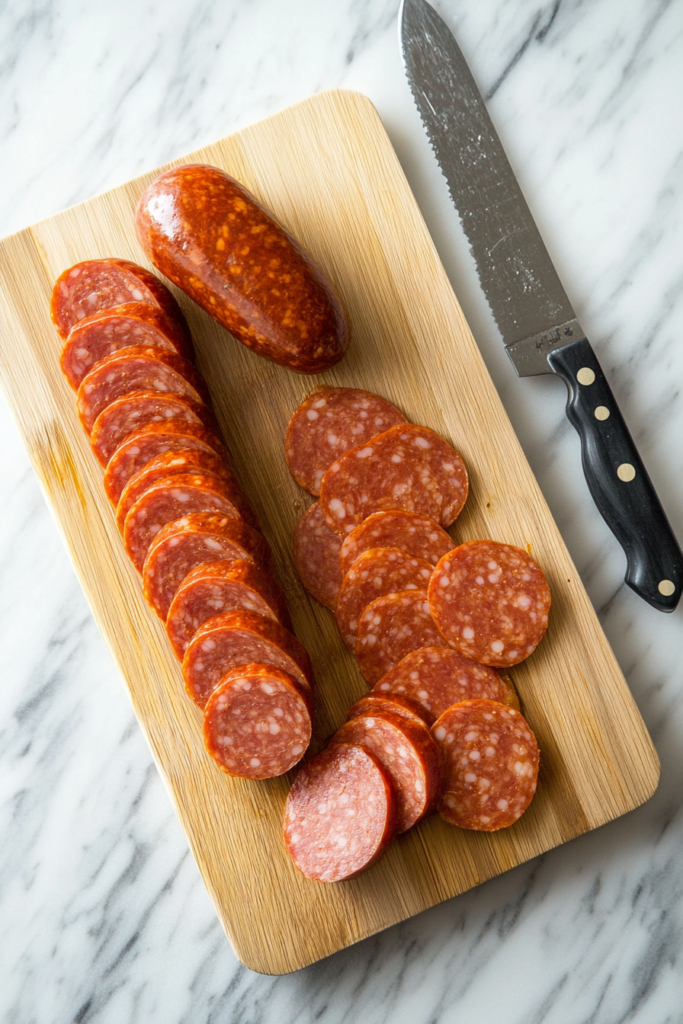 Slices of pre-cooked smoked kielbasa arranged on a cutting board, ready for smoking. Alternatively, whole kielbasa links are shown, offering a choice between slicing or smoking them whole.