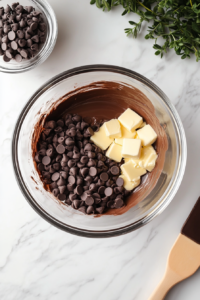 This image shows chocolate chips, butter, and unsweetened chocolate being melted in a microwave-safe bowl, creating a smooth and rich mixture for the Nutella brownies.