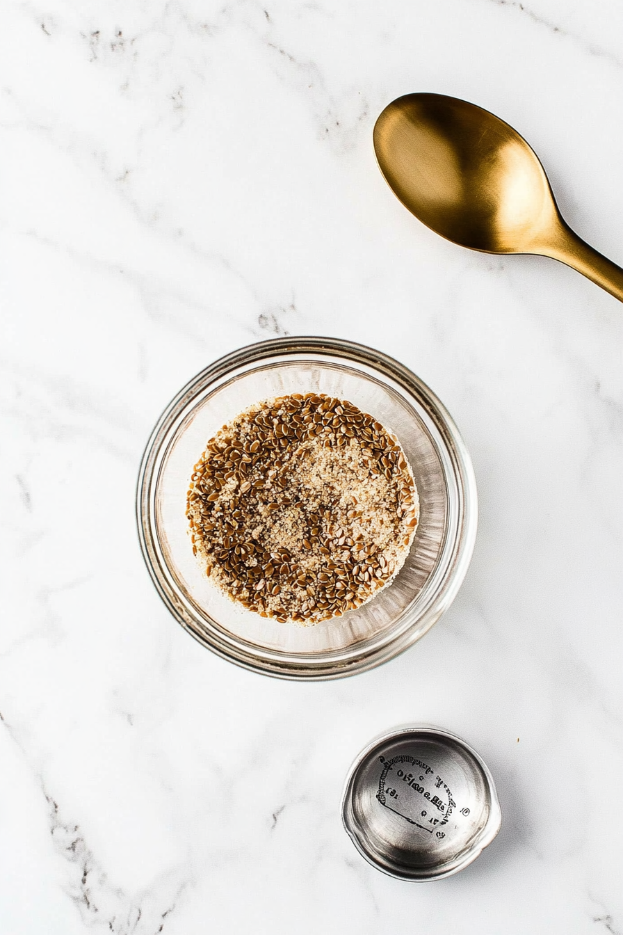 This image shows a small bowl with ground flaxseed mixed with water, thickening into a gel-like consistency to be used as an egg substitute for the protein oats cookies.